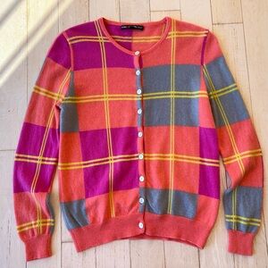 King Deer 100% Cashmere Cardigan Pink/Gray/Orange Plaid Women’s Sweater Small